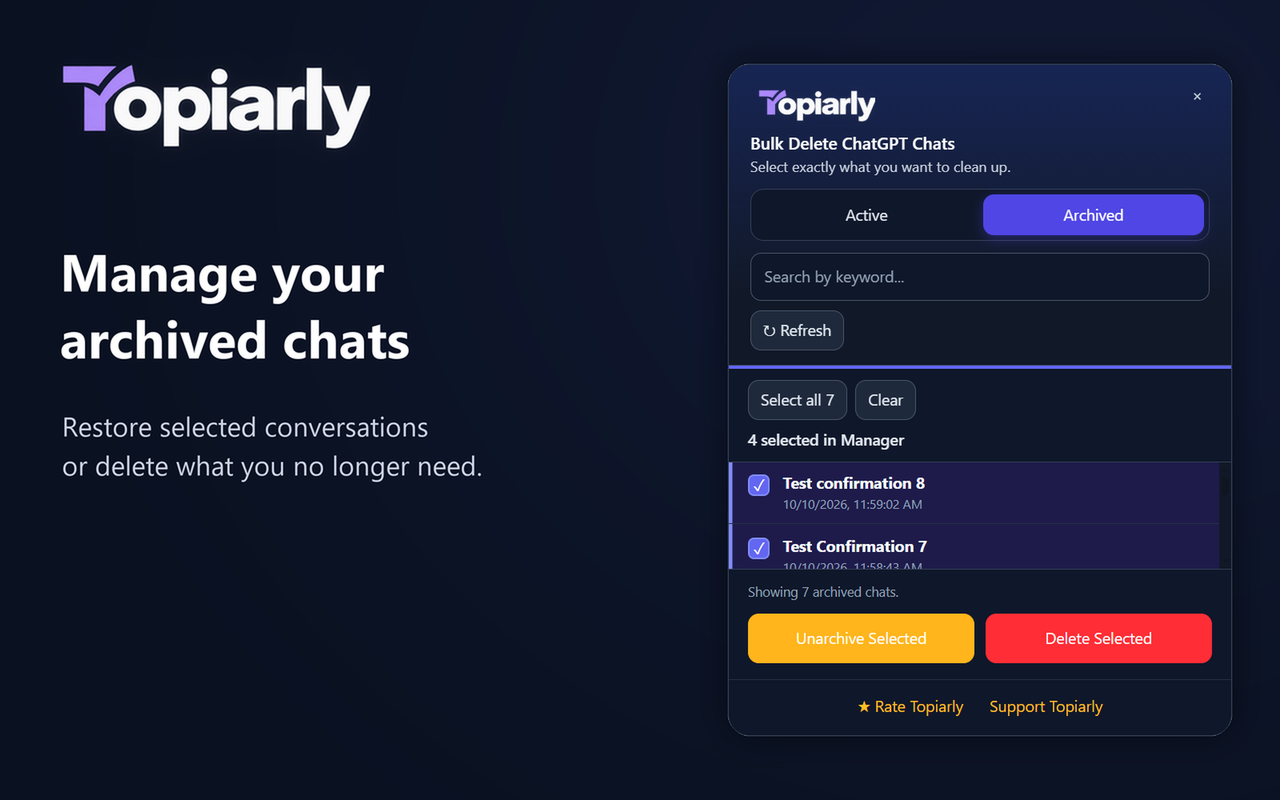 Topiarly Archived tab with conversations selected and Unarchive Selected and Delete Selected buttons.