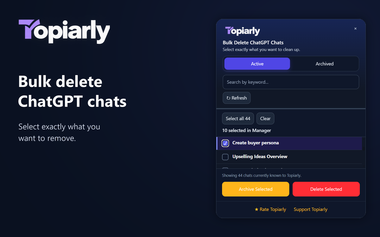 Topiarly Active tab with conversations selected and Archive Selected and Delete Selected buttons.
