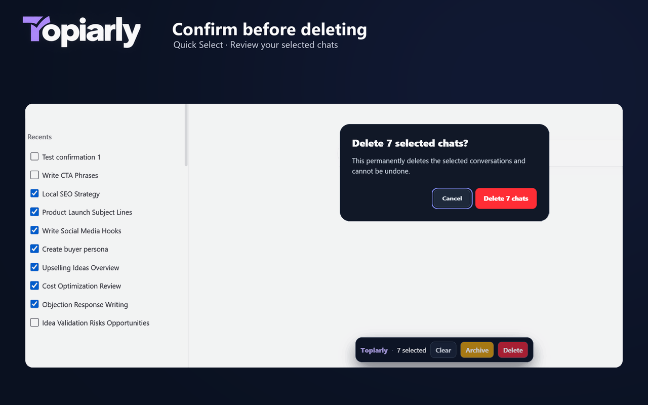 Topiarly delete confirmation with Cancel and a button showing the number of chats to delete