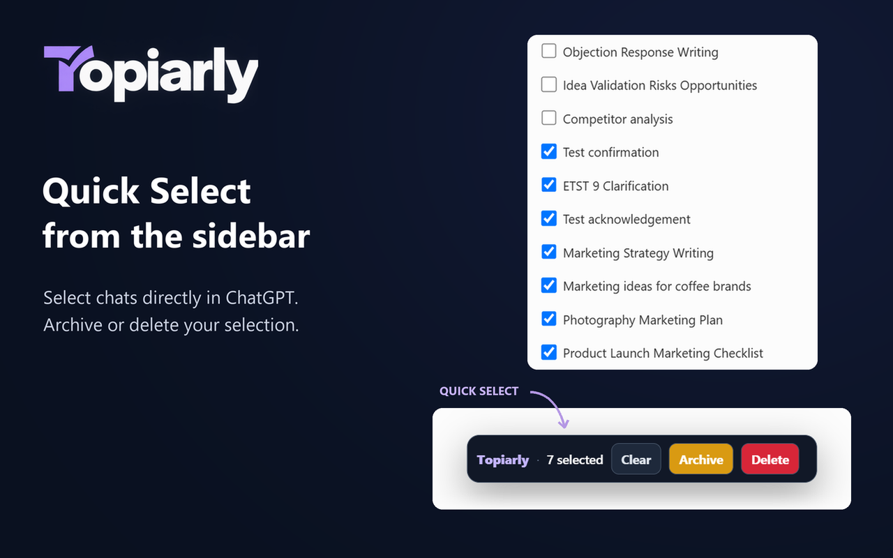 Quick Select action bar for chats selected in the ChatGPT sidebar