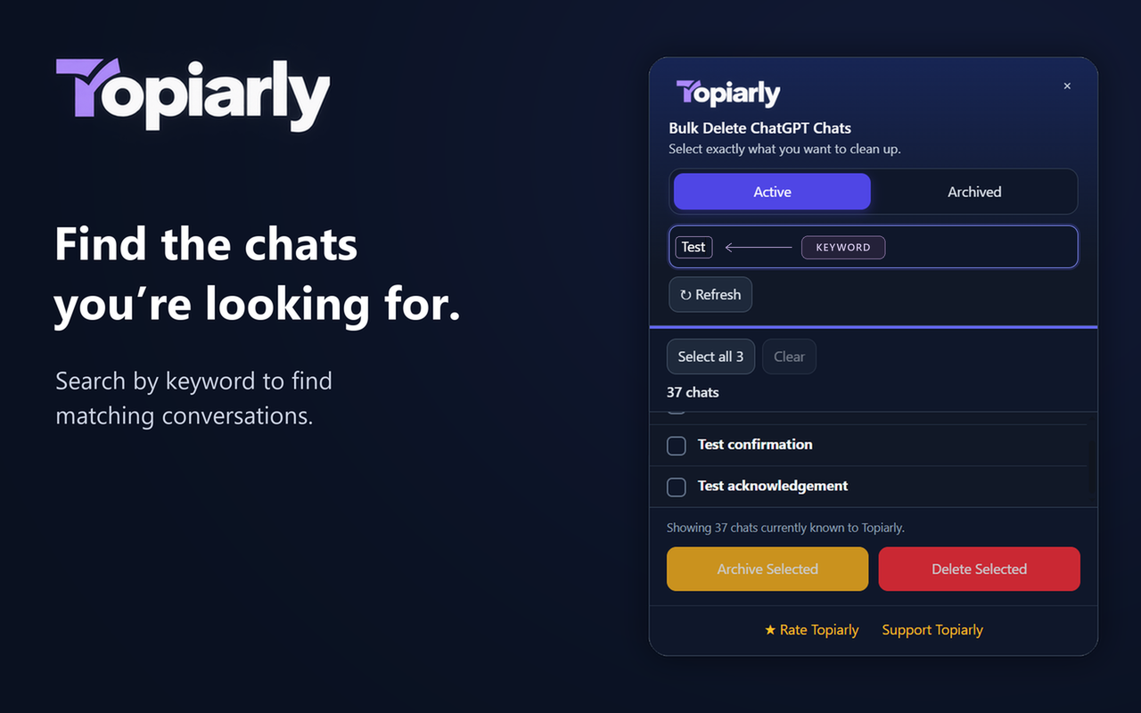 Topiarly Active tab with Test in the search field and matching conversation titles listed.